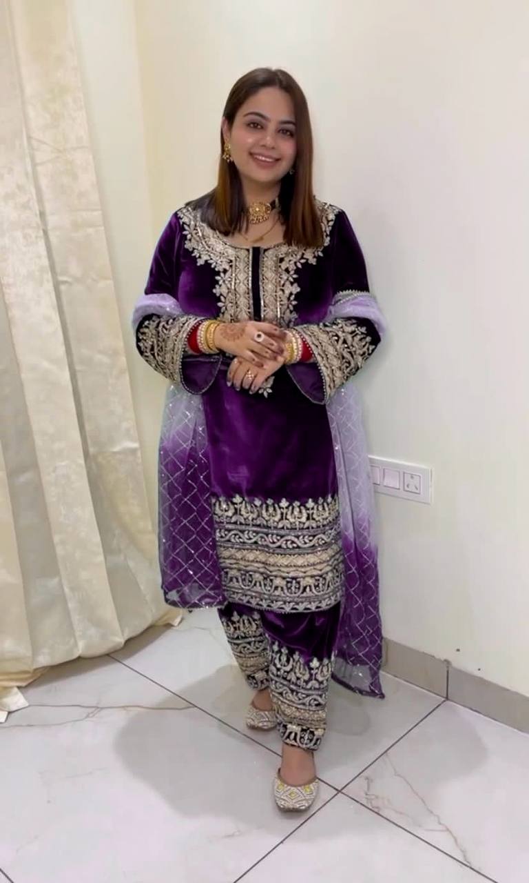 Wedding Wear Purple Color Heavy Viscose Velvet Kurti For Girls
