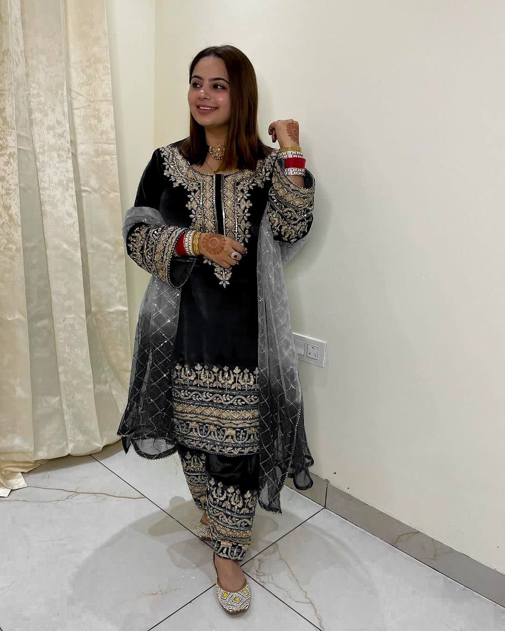 Party Wear Black Color Heavy Viscose Velvet Kurti For Girls