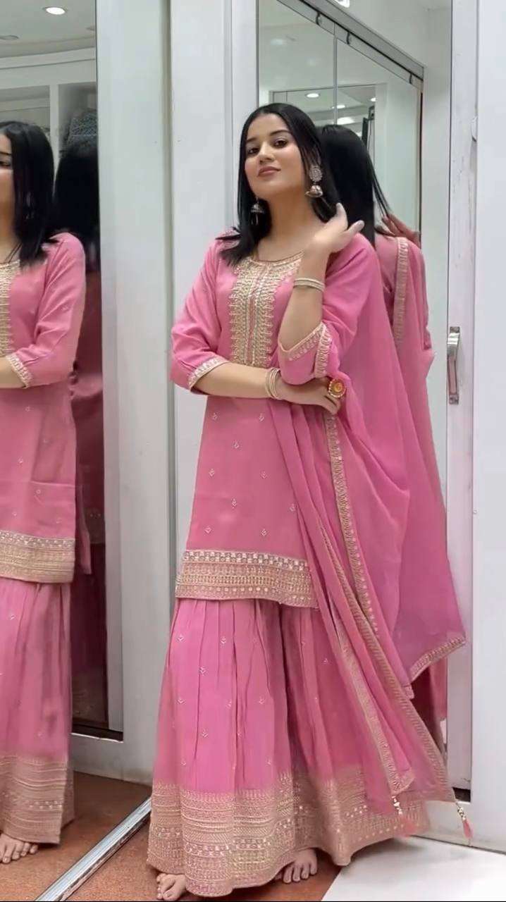 Festival Wear Pink Color Heavy Pure Chinnon Silk Sharara For Girls
