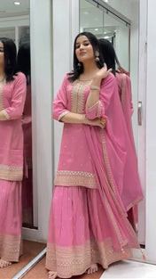 Festival Wear Pink Color Heavy Pure Chinnon Silk Sharara For Girls