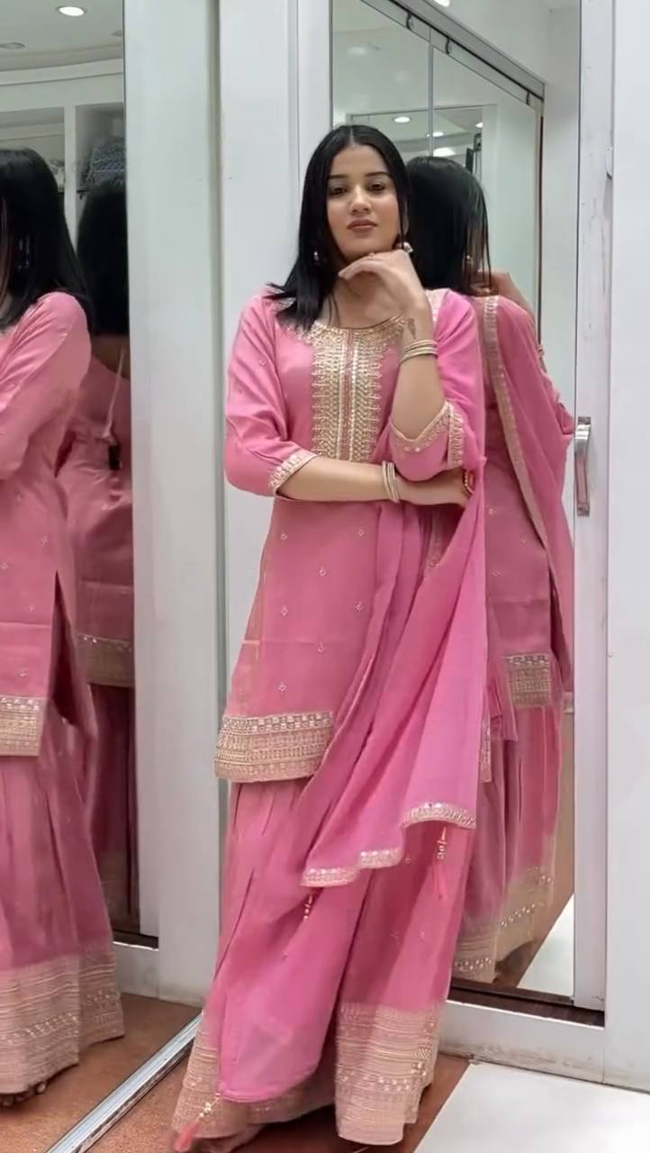 Festival Wear Pink Color Heavy Pure Chinnon Silk Sharara For Girls