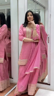 Festival Wear Pink Color Heavy Pure Chinnon Silk Sharara For Girls