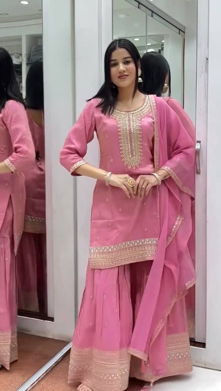 Festival Wear Pink Color Heavy Pure Chinnon Silk Sharara For Girls