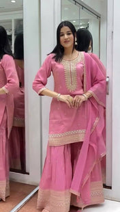 Festival Wear Pink Color Heavy Pure Chinnon Silk Sharara For Girls