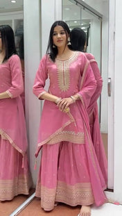 Festival Wear Pink Color Heavy Pure Chinnon Silk Sharara For Girls