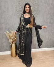 Party Wear Black Color Faux Georgette Saree For Women