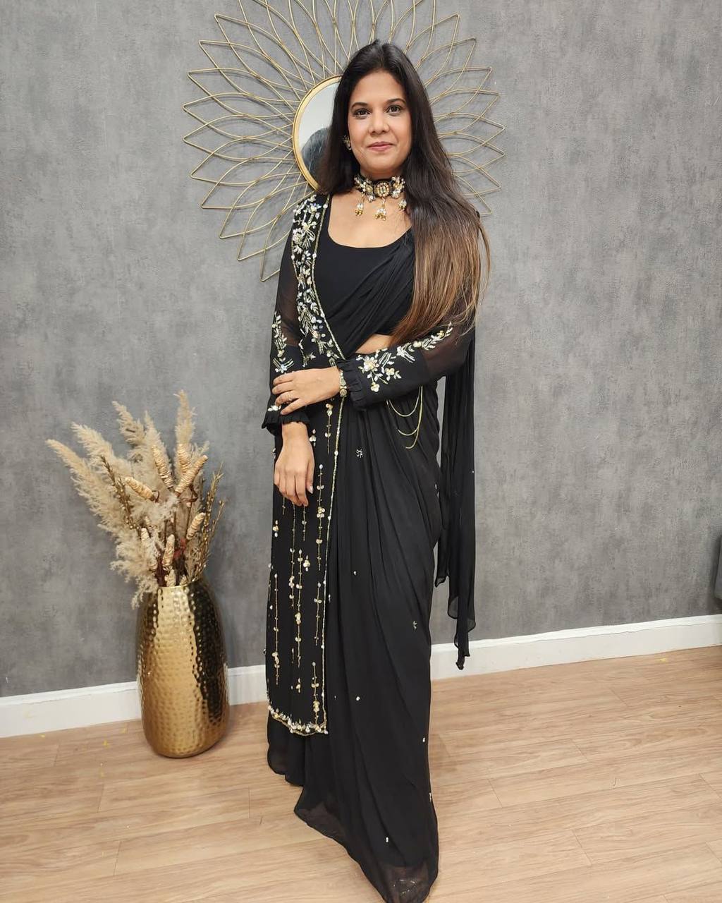 Party Wear Black Color Faux Georgette Saree For Women