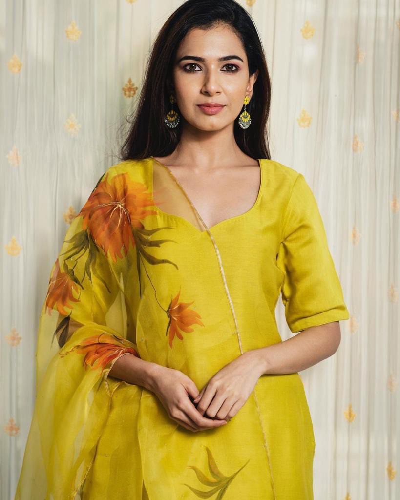 Party Wear Yellow Color Heavy Maska Cotton Silk Kurti For Girls