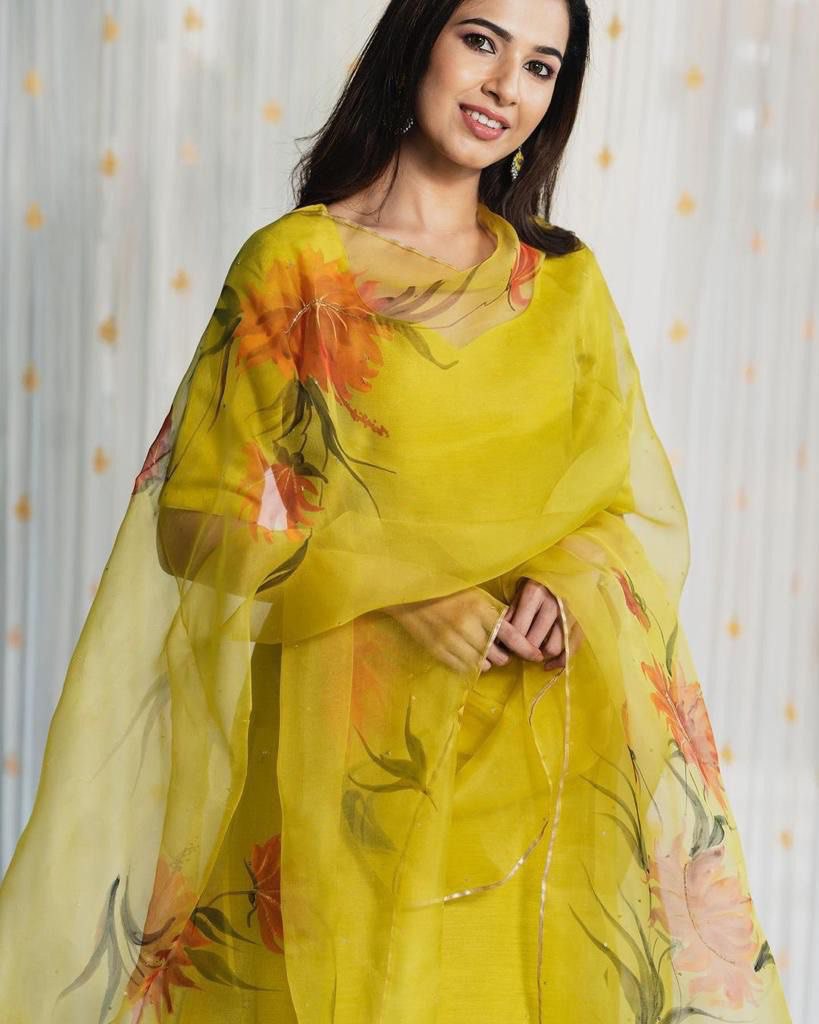 Party Wear Yellow Color Heavy Maska Cotton Silk Kurti For Girls
