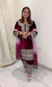 Wedding Wear Maroon Color Heavy Viscose Velvet Kurta For Women