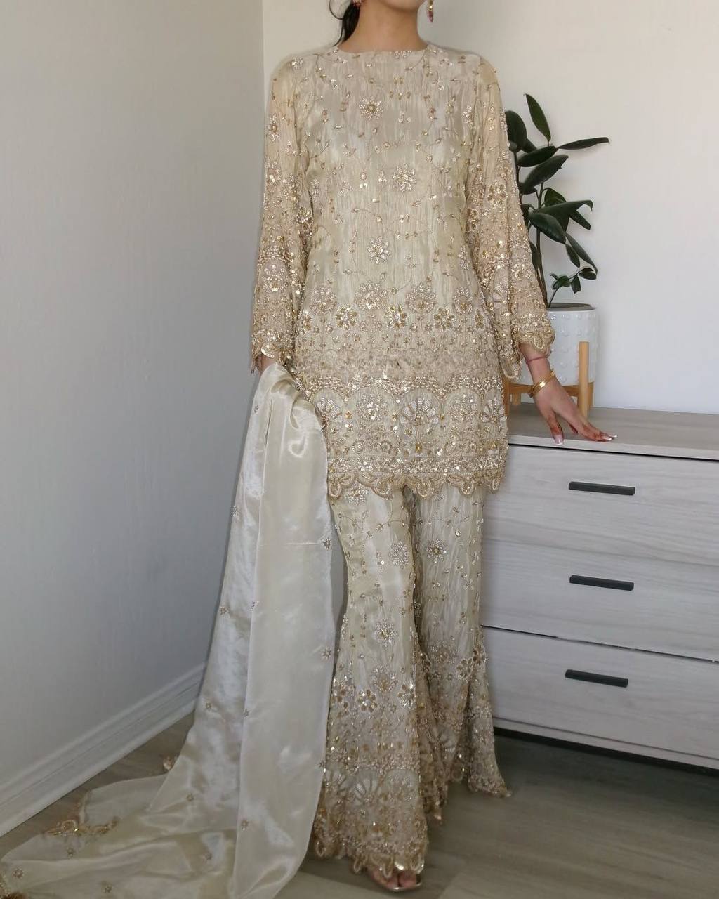 Party Wear Cream Color Chinon Silk Sharara For Girls