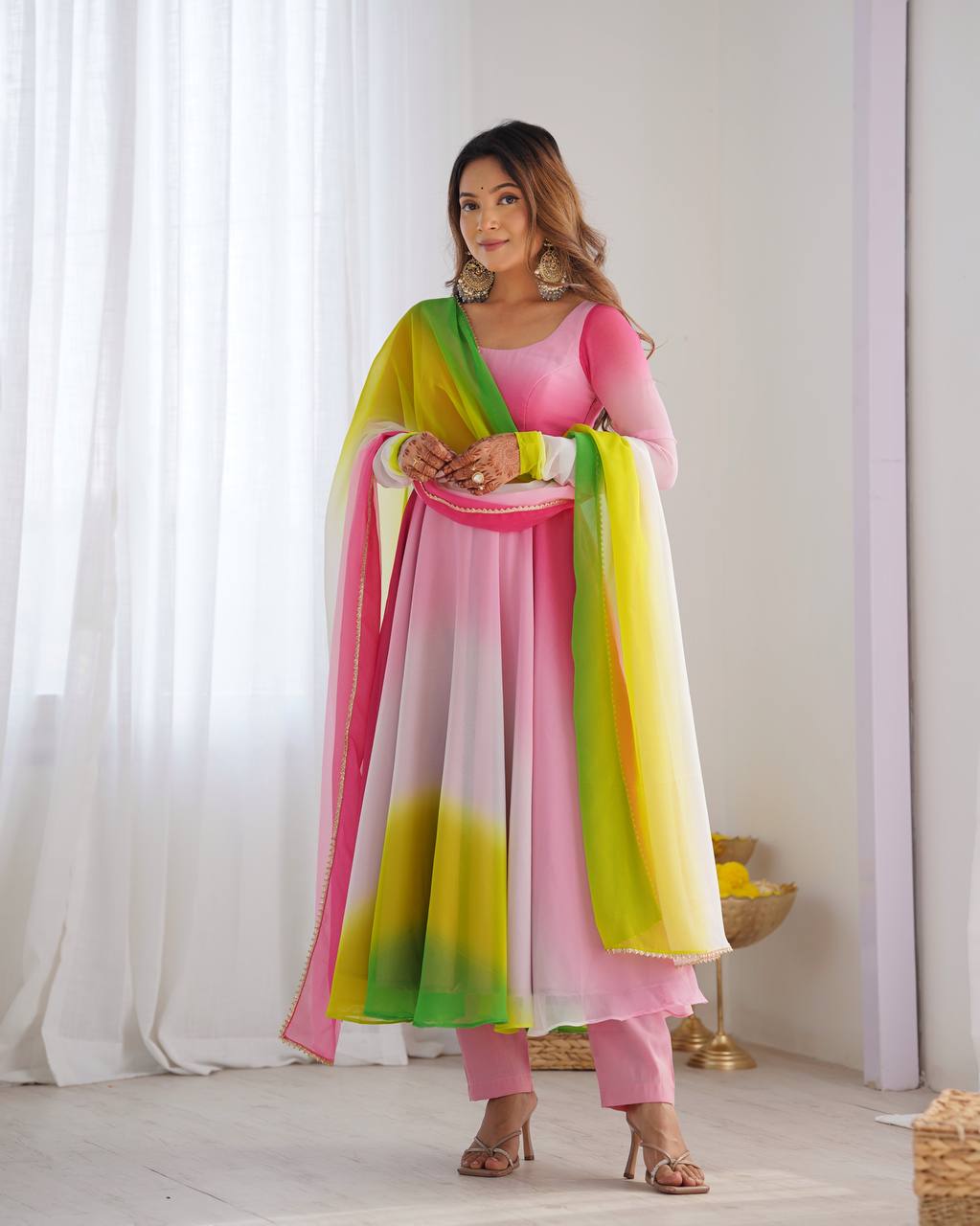 Party Wear Multi Color Heavy Fox Georgette Gown For Girls