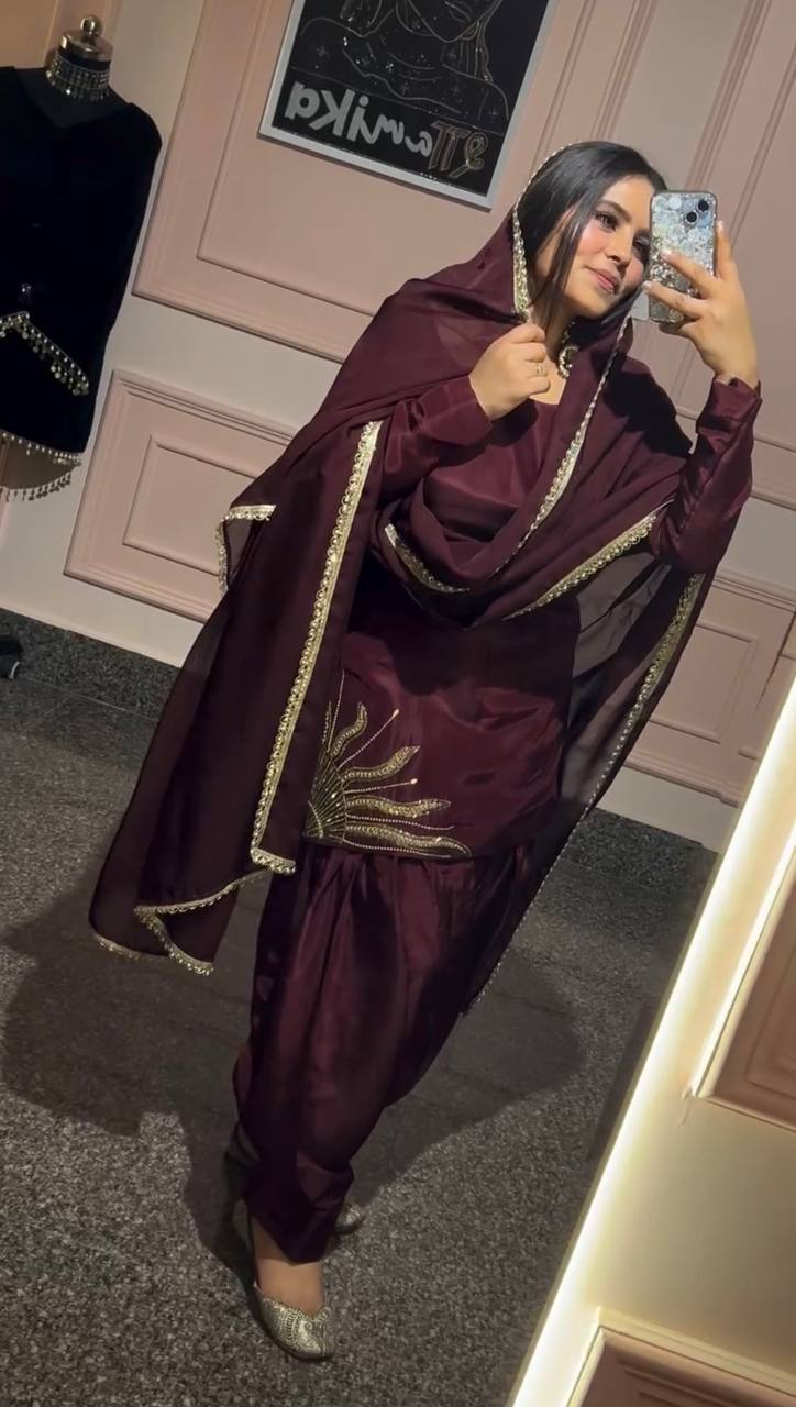 Wedding Wear Brown Color Natural Crep Silk Sharara For Girls