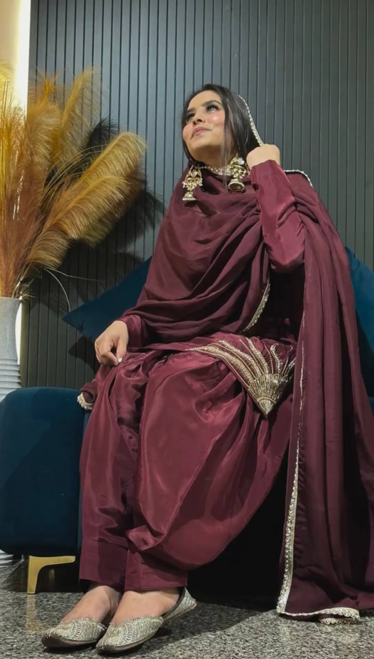 Wedding Wear Brown Color Natural Crep Silk Sharara For Girls