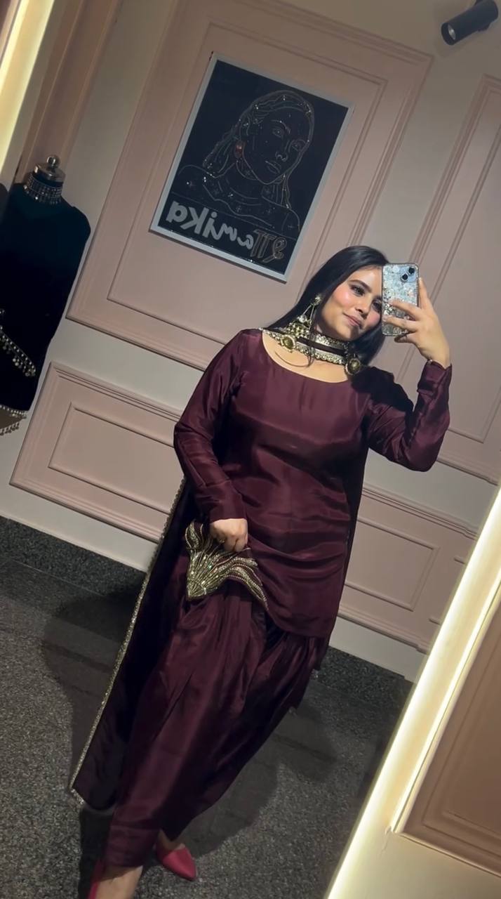 Wedding Wear Brown Color Natural Crep Silk Sharara For Girls