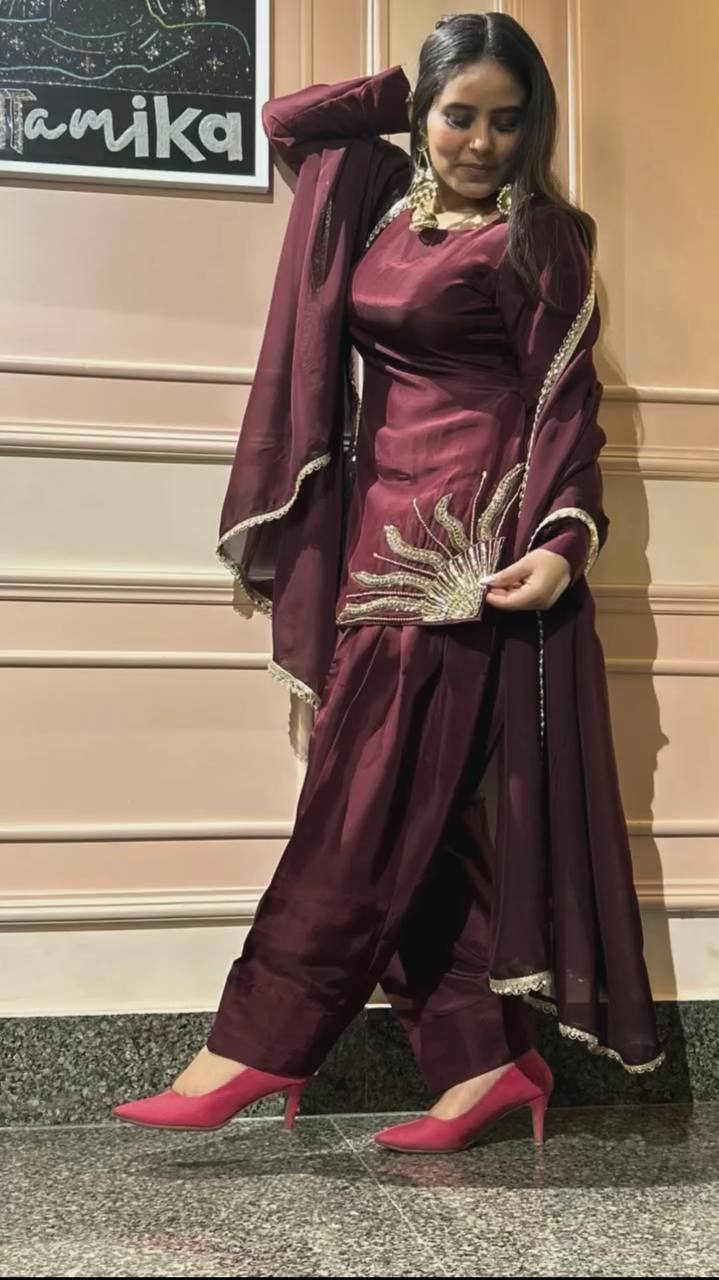 Wedding Wear Brown Color Natural Crep Silk Sharara For Girls