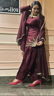 Wedding Wear Brown Color Natural Crep Silk Sharara For Girls