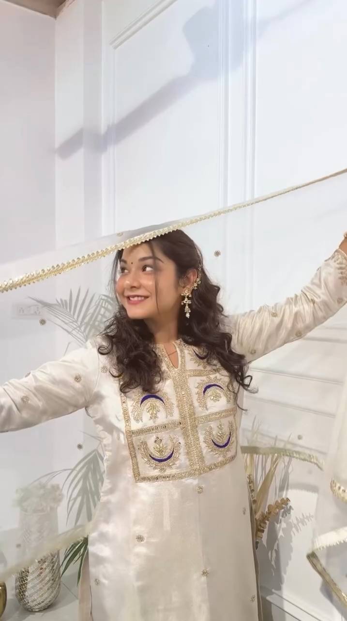 Party Wear White Color Heavy Vichitra Silk Sharara For Girls