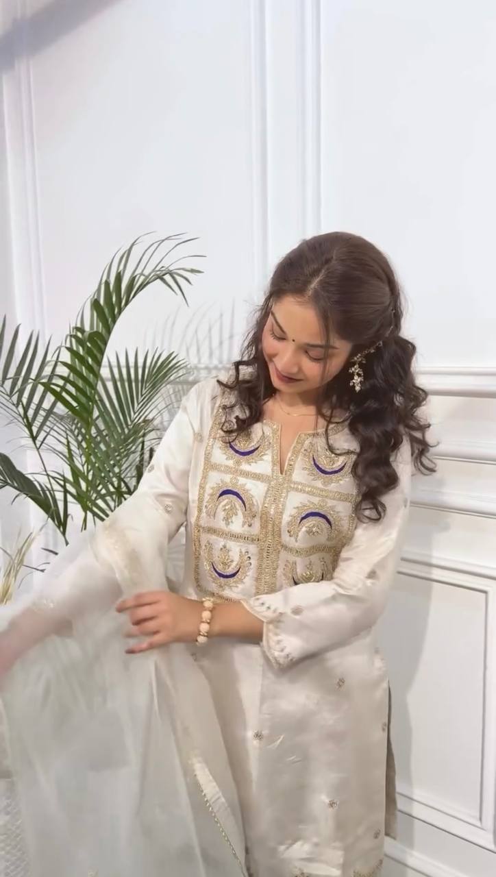 Party Wear White Color Heavy Vichitra Silk Sharara For Girls