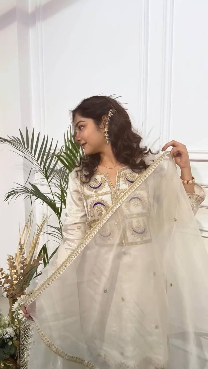 Party Wear White Color Heavy Vichitra Silk Sharara For Girls