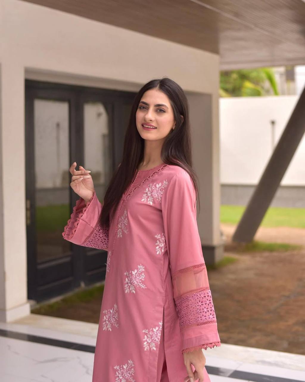 Party Wear Pink Color Roman Silk Kurti For Woemn