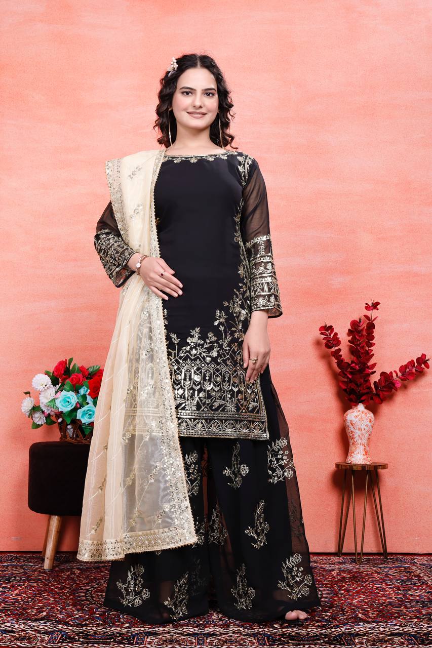 Party Wear Black Color Natural Crep Silk Sharara For Girls