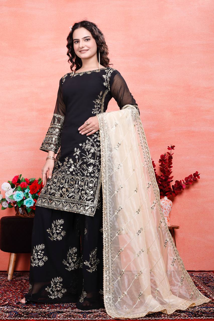 Party Wear Black Color Natural Crep Silk Sharara For Girls