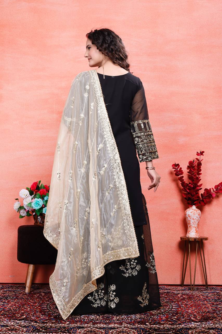 Party Wear Black Color Natural Crep Silk Sharara For Girls