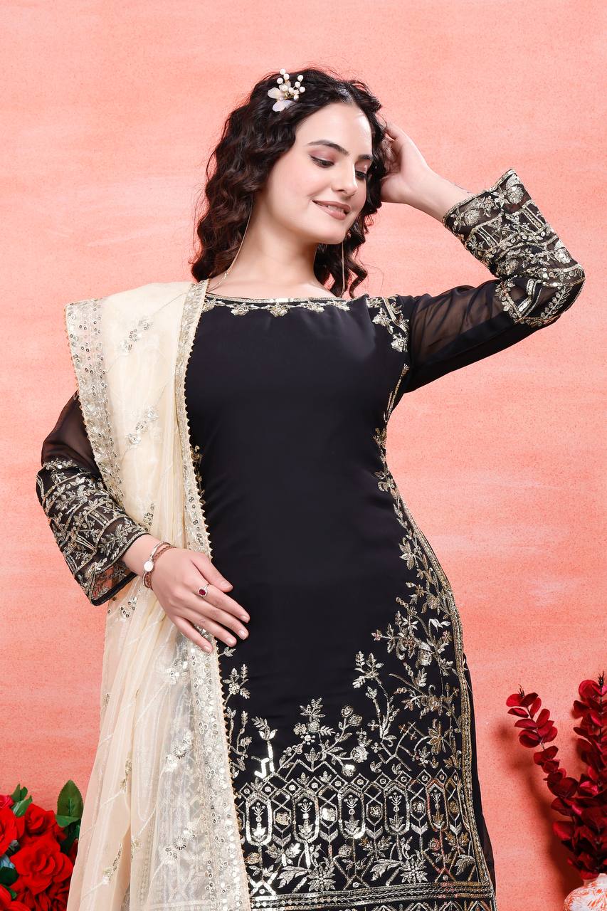 Party Wear Black Color Natural Crep Silk Sharara For Girls