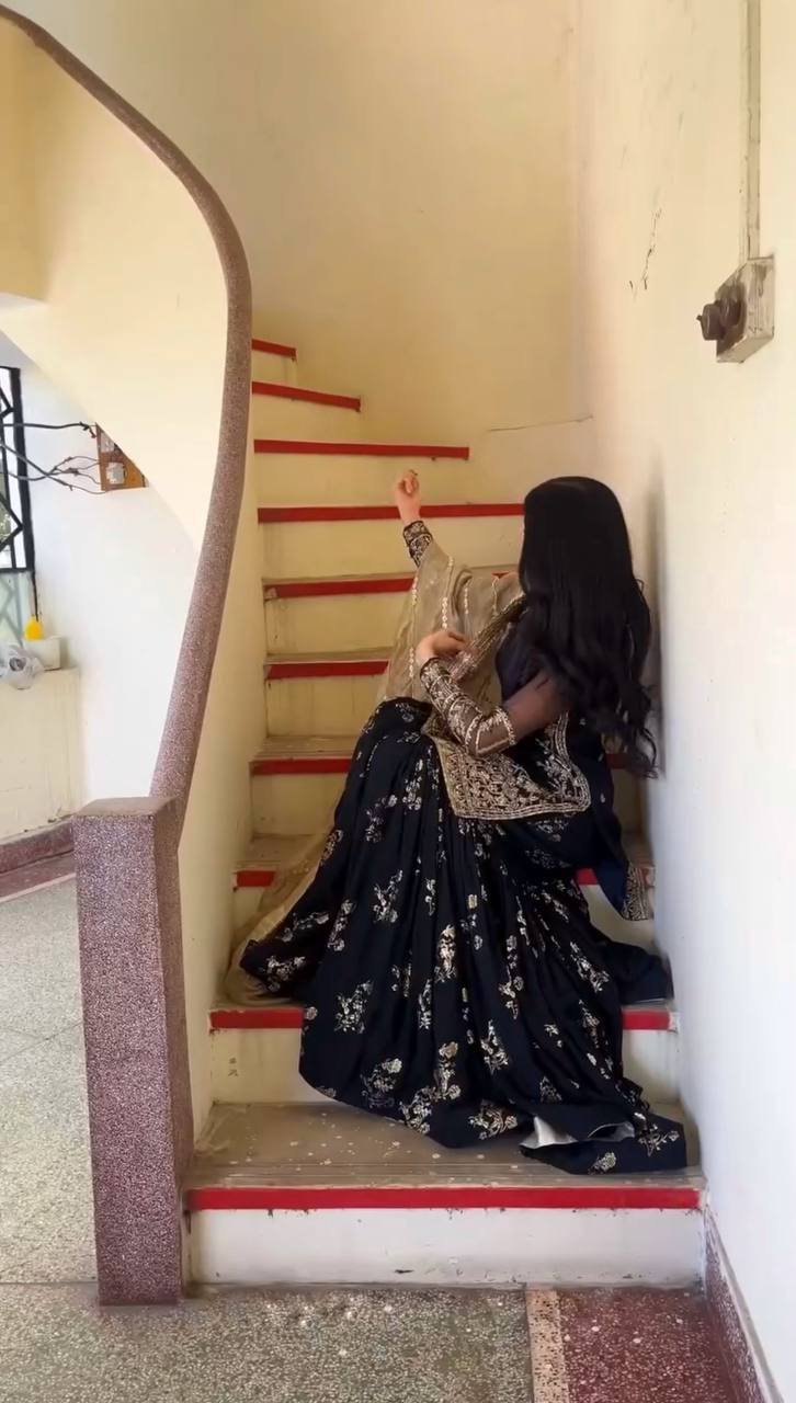 Party Wear Black Color Natural Crep Silk Sharara For Girls