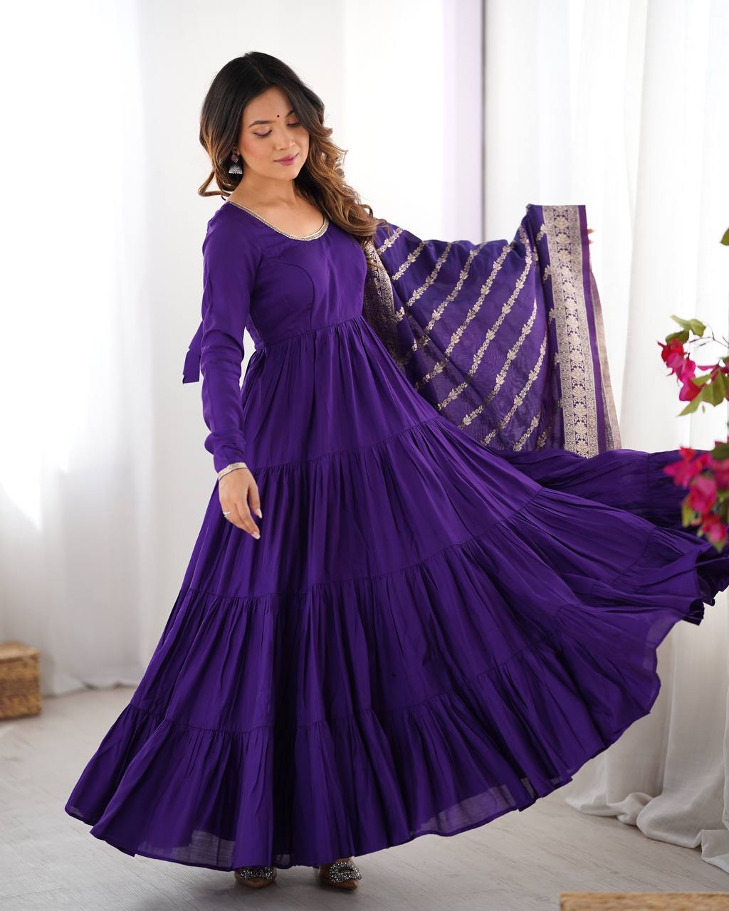 Party Wear Purple Color Heavy Roman Silk Chanderi Gown For Girls