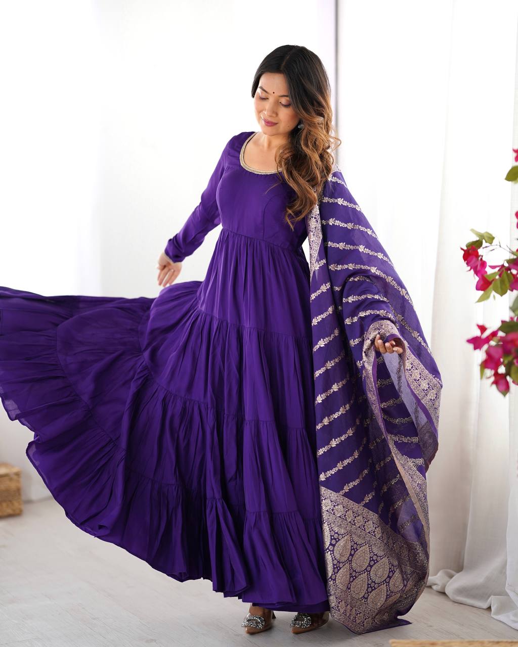 Party Wear Purple Color Heavy Roman Silk Chanderi Gown For Girls