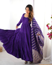 Party Wear Purple Color Heavy Roman Silk Chanderi Gown For Girls