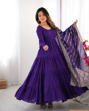 Party Wear Purple Color Heavy Roman Silk Chanderi Gown For Girls