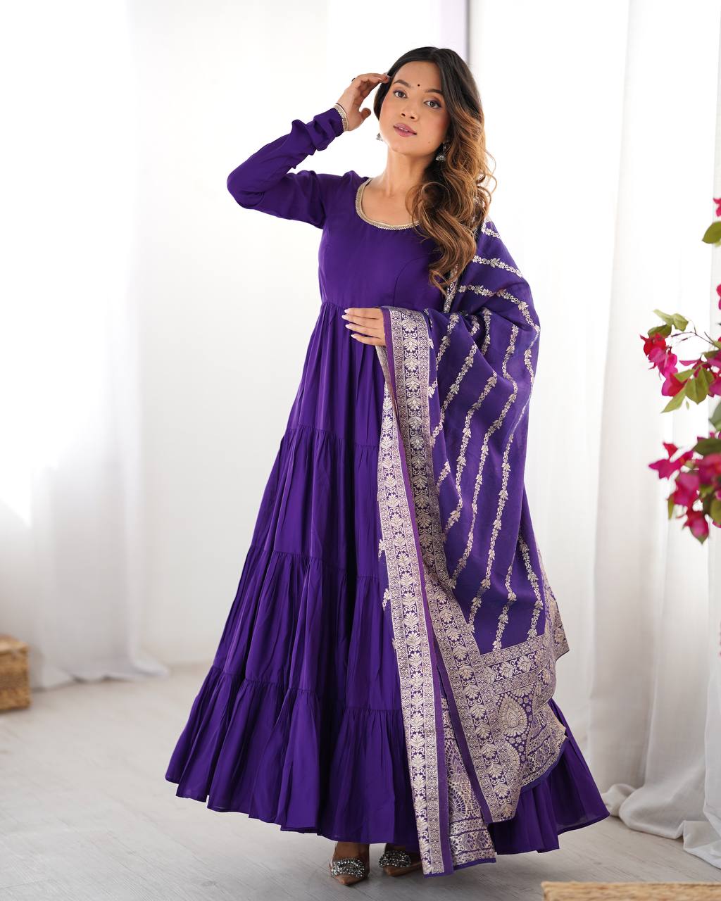 Party Wear Purple Color Heavy Roman Silk Chanderi Gown For Girls