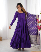Party Wear Purple Color Heavy Roman Silk Chanderi Gown For Girls