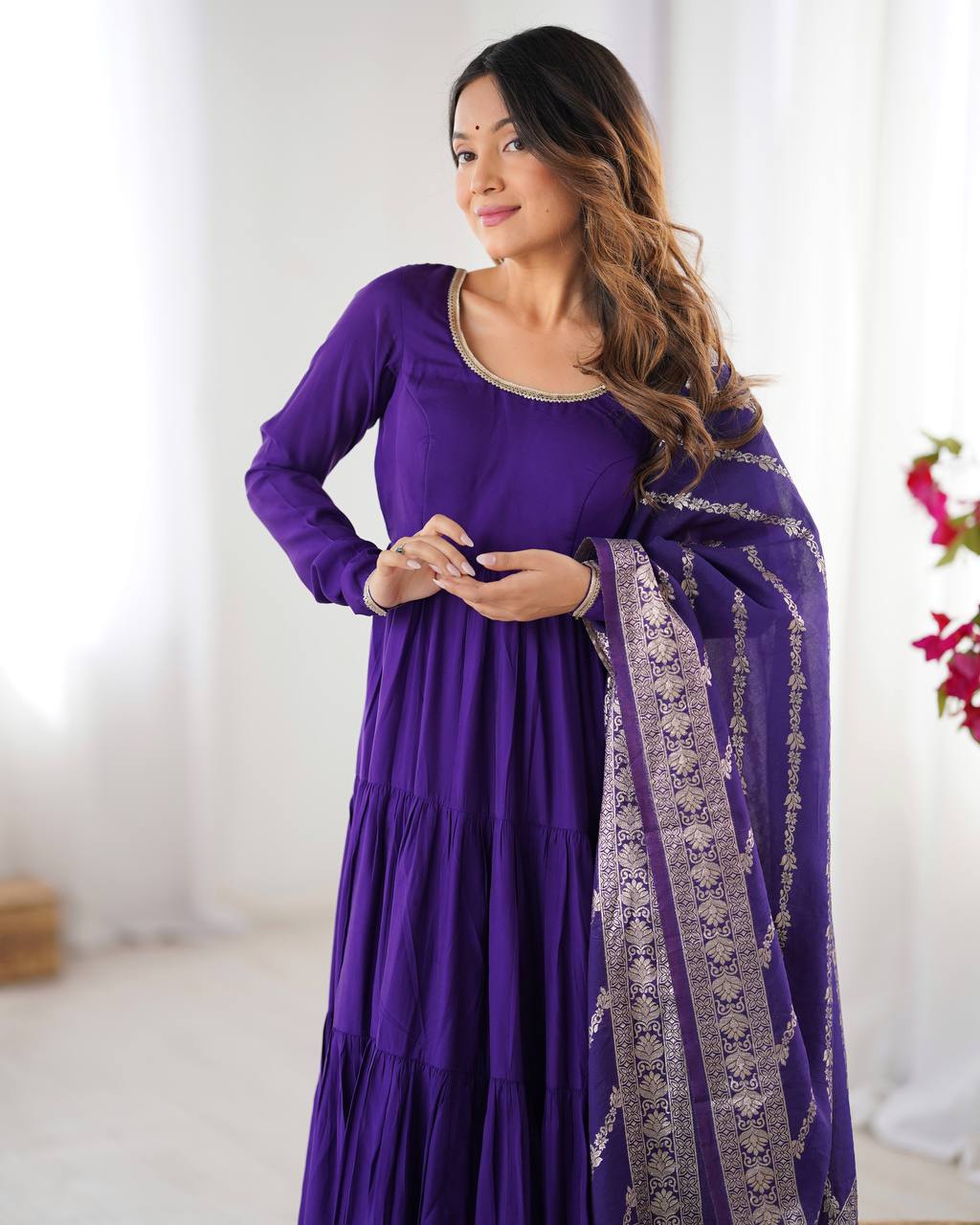 Party Wear Purple Color Heavy Roman Silk Chanderi Gown For Girls