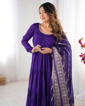 Party Wear Purple Color Heavy Roman Silk Chanderi Gown For Girls