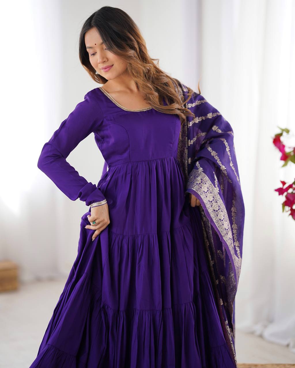 Party Wear Purple Color Heavy Roman Silk Chanderi Gown For Girls