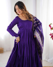 Party Wear Purple Color Heavy Roman Silk Chanderi Gown For Girls