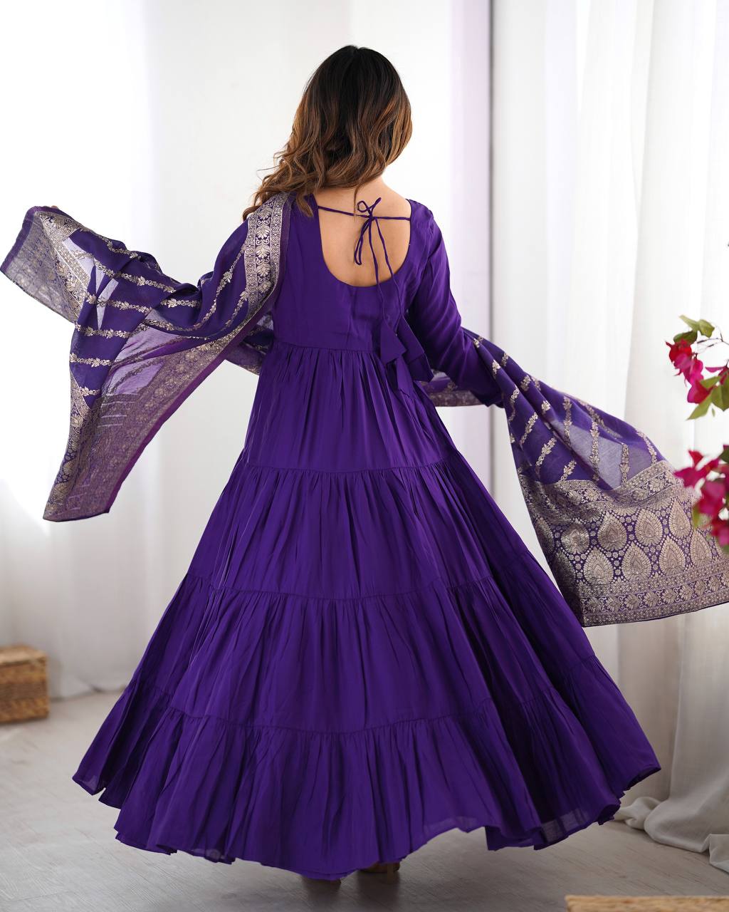 Party Wear Purple Color Heavy Roman Silk Chanderi Gown For Girls