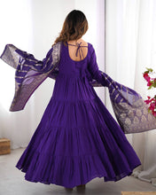 Party Wear Purple Color Heavy Roman Silk Chanderi Gown For Girls