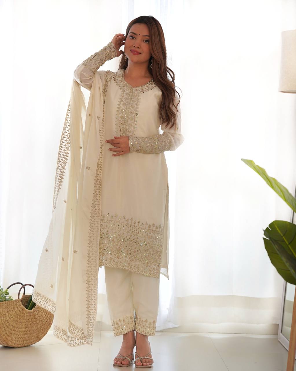 Party Wear White Color Pure Chinon Silk Kurti For Girls