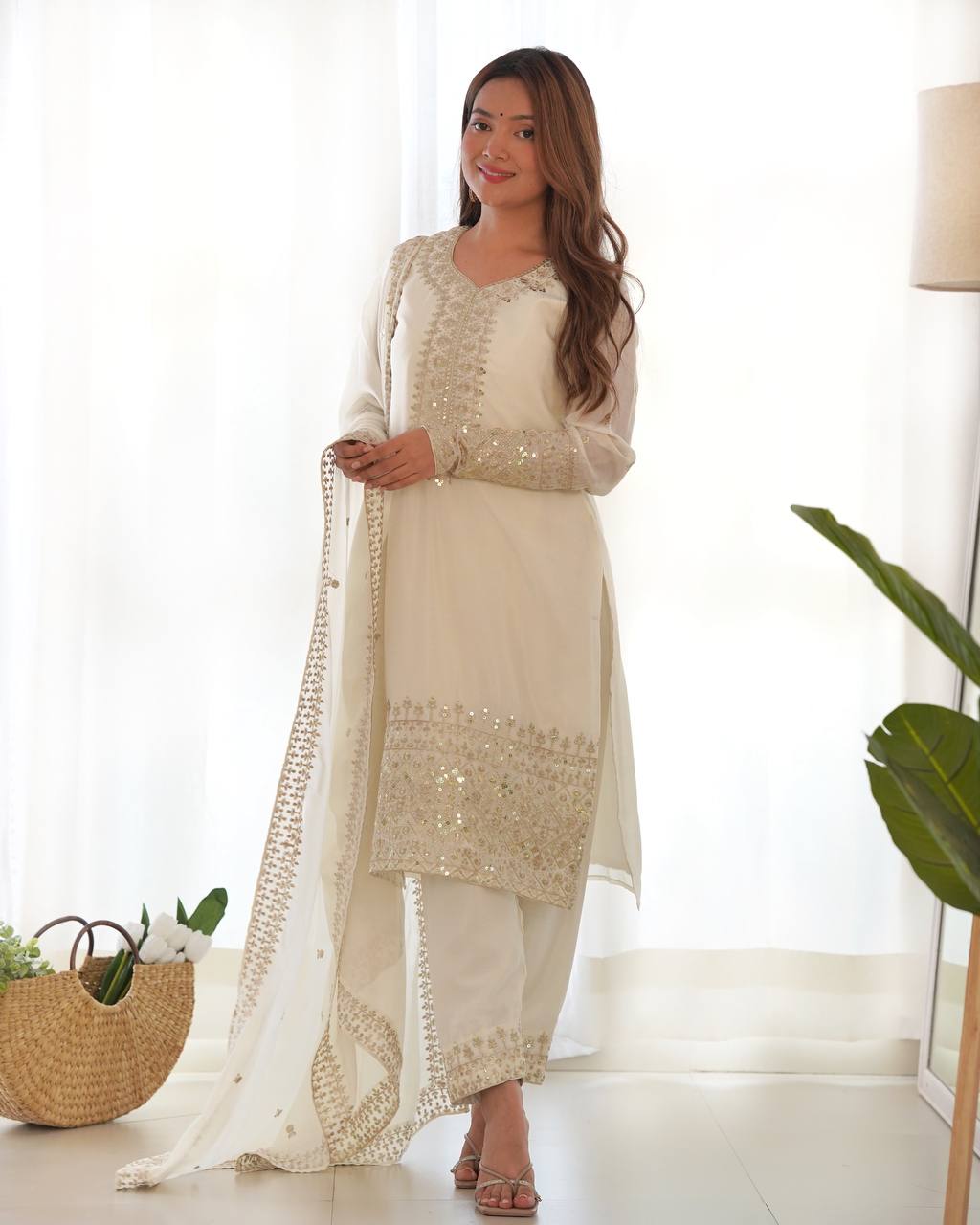 Party Wear White Color Pure Chinon Silk Kurti For Girls