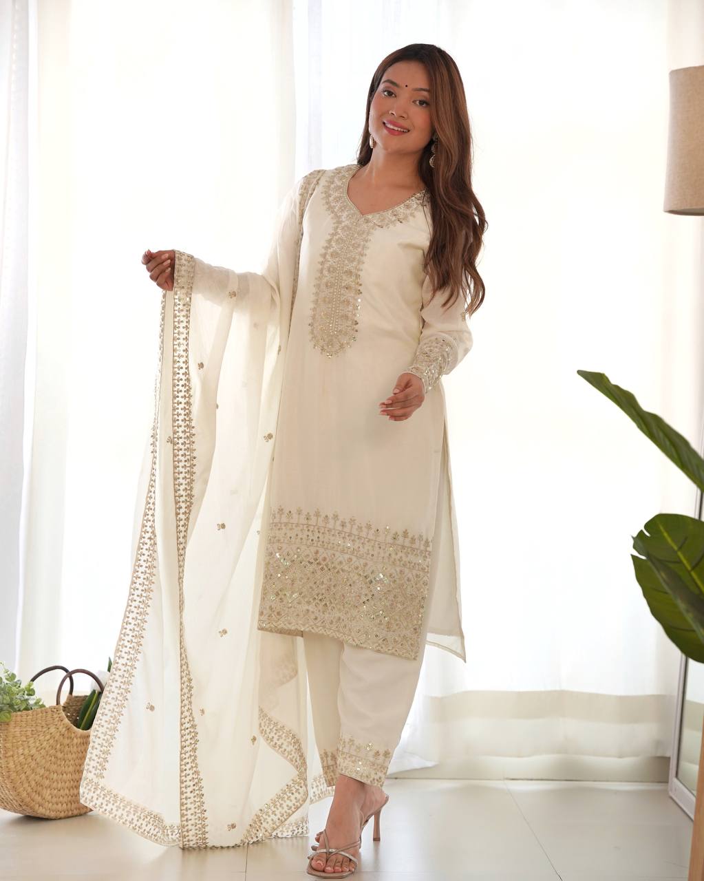 Party Wear White Color Pure Chinon Silk Kurti For Girls