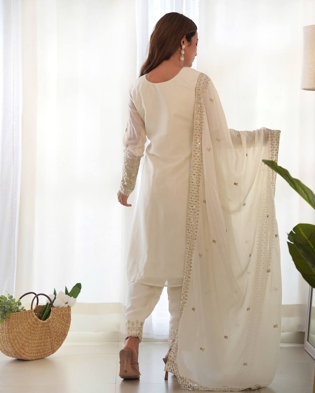 Party Wear White Color Pure Chinon Silk Kurti For Girls