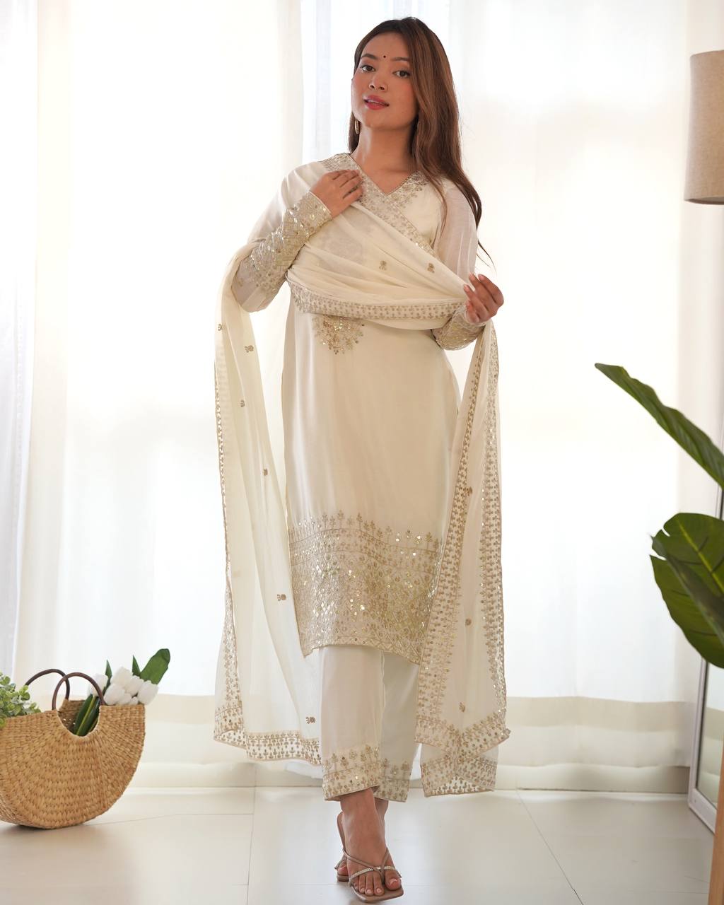 Party Wear White Color Pure Chinon Silk Kurti For Girls