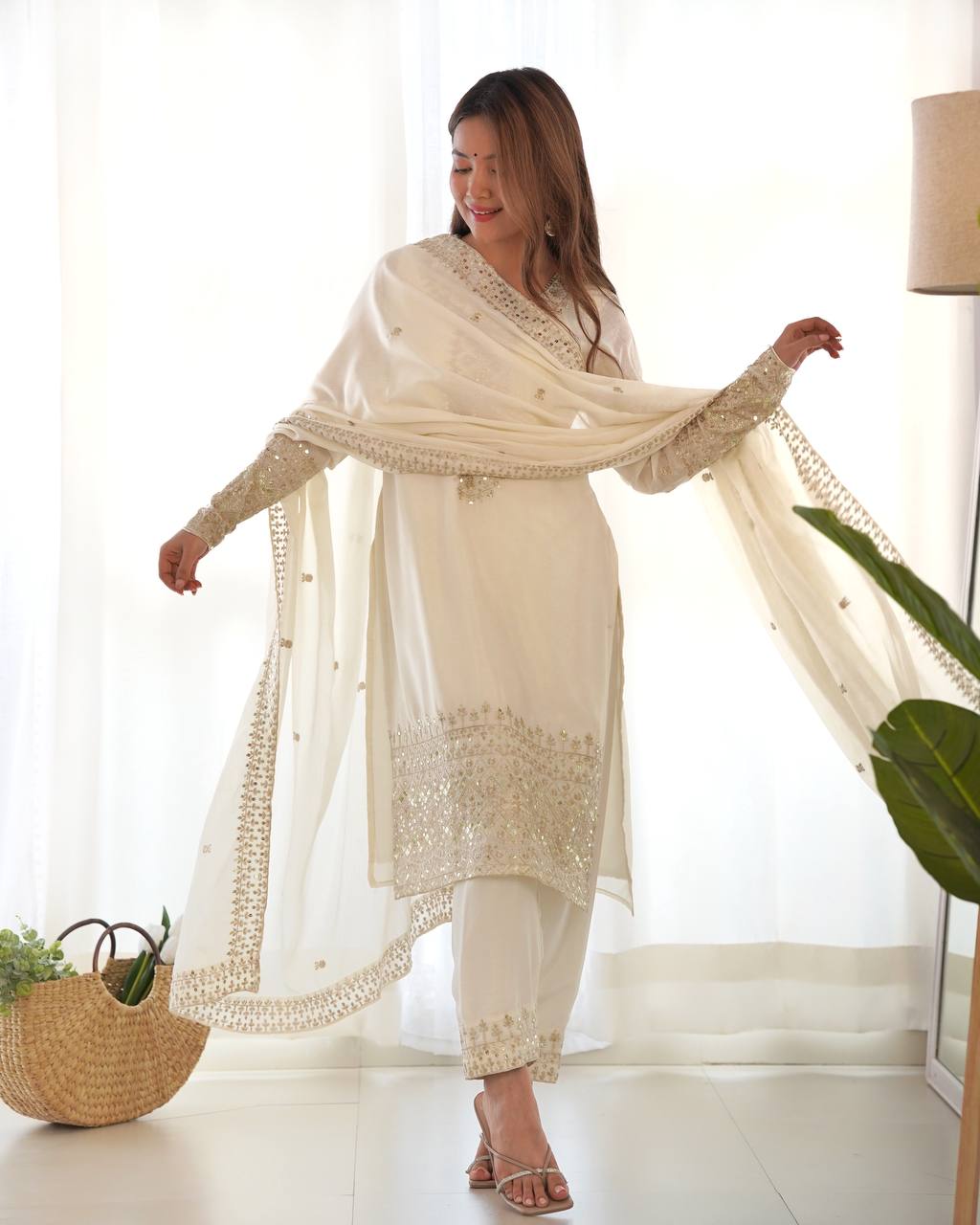 Party Wear White Color Pure Chinon Silk Kurti For Girls
