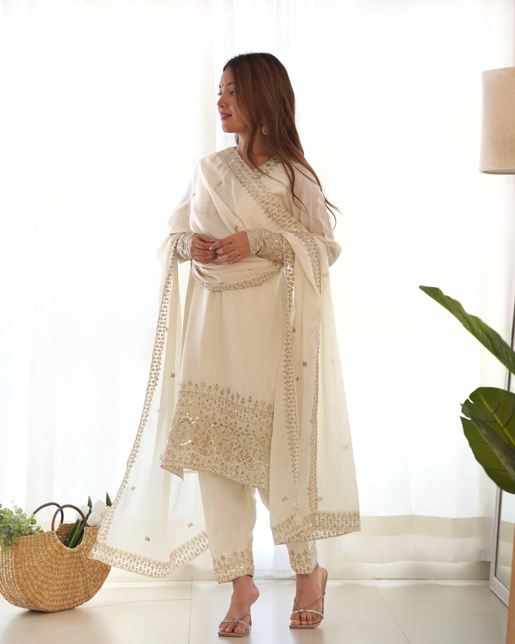 Party Wear White Color Pure Chinon Silk Kurti For Girls