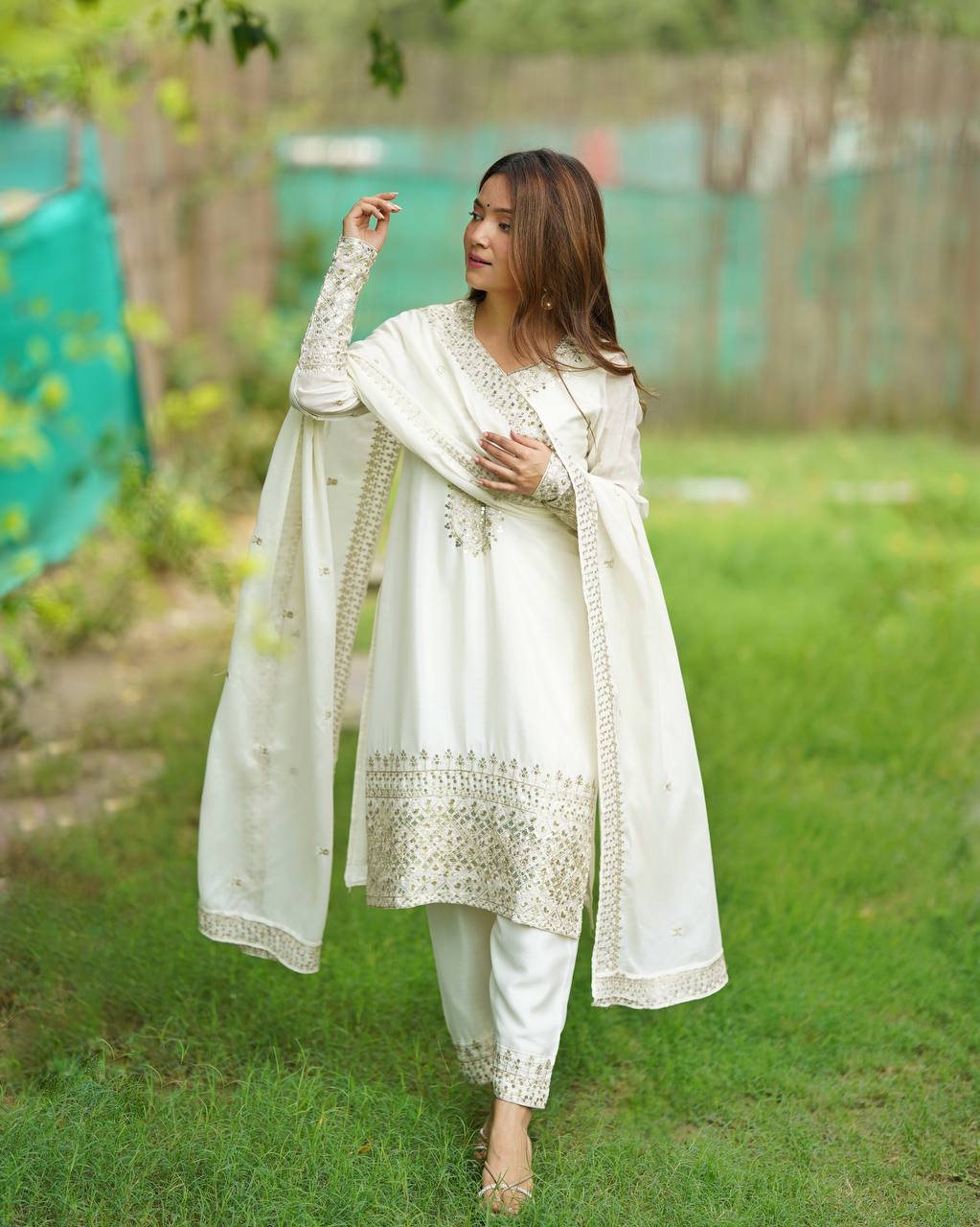 Party Wear White Color Pure Chinon Silk Kurti For Girls